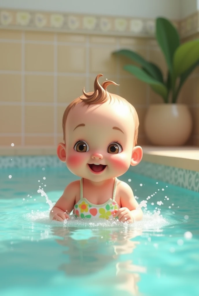 Pixar style image 8-month-old baby in a pool inside an inflatable Dalmatian puppy