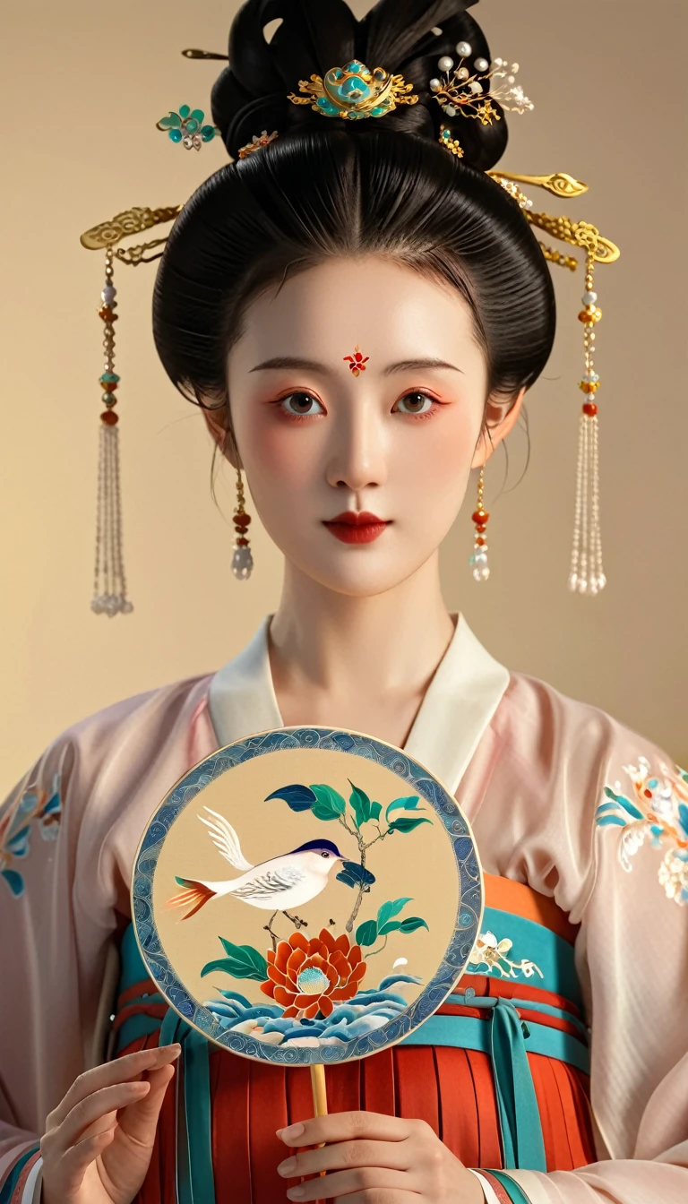 a beautiful young chinese girl in traditional song dynasty imperial court attire, symmetrical facial features, round face, bright eyes, smooth porcelain skin, holding an elegant chinese hand fan, clean background, (best quality,4k,8k,highres,masterpiece:1.2),ultra-detailed,(realistic,photorealistic,photo-realistic:1.37),intricate details,exquisite,elegant,refined,breathtaking,mesmerizing,magnificent