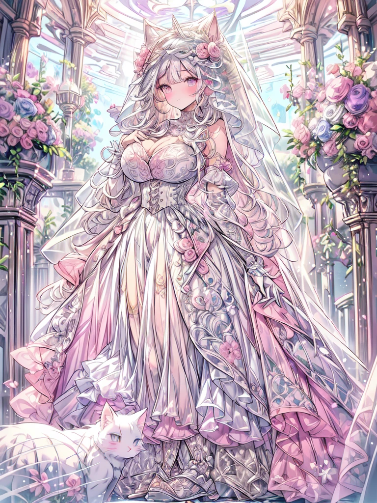 full dress shot, shot from above, full-body illustration, (((full body, depicts whole body, full body portrait, whole body))), portrait, 1girl, solo, beautiful gorgeous captivating cute adorable princess, (white_cat_ears:1.5), looking at viewer, cute blush, (blushing:1.5), heavy blush, (pink eyes:1.5) , (((hyper detail delicate beautiful eyes , big eyes, clear eyes, extremely detailed))), (soft thin lines:1.2, beautiful, delicate and pretty face, young face, smiling), ((large amount of straight hair, extremely voluminous very long hair, absolutely long straight hair)), (white hair:1.5), (long bridal veil:1.5), (face veil:1.5), frilly collar, skin dentation, pale skin, slim, (extremely gigantic large breasts:1.5), breasts cleavage, breasts focus, (((extremely detailed hands, delicate hands, beautiful hands, 5-fingers))), (gown lift:1.5), (frilly wrist cuffs:1.5), (white and pink ball gown dress:1.5), (((pure white lace and frills, dress with motif of ribbons))), (floor length gown:1.5), (white laced leather corset:1.5), masterpiece, (Full-HD:1.5), (highres:1.5), (absurdres:1.5), (high quality:1.5), (high resolution:1.5), (best image:1.5), (ultra quality:1.5), HDR, 16K, (highly detailed), fantasy scene, dreamy fantasy, fantasy palace background, (standing:1), (glow, god rays, radiant, ethereal, dreamy, heavenly, otherworldly, dream-like, breathtaking, captivating, divine), (depth of field), sharp focus, soft lighting