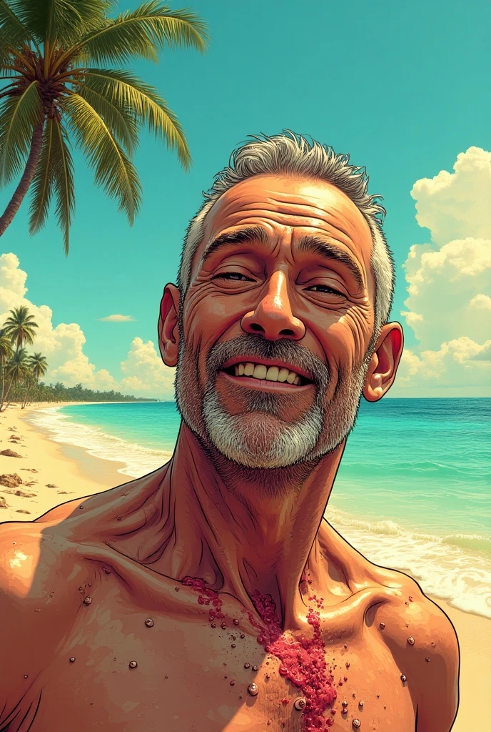 A 55-year-old man with great looking short gray hair combed back, with defined body, beautiful smile with white teeth, no beard, looking from the front and with a beautiful beach in the background --auto --s2