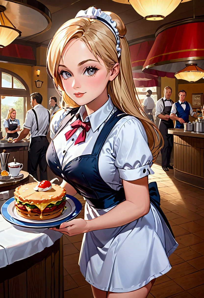 Young blond woman dressed as a waitress, biggest cleavege ever