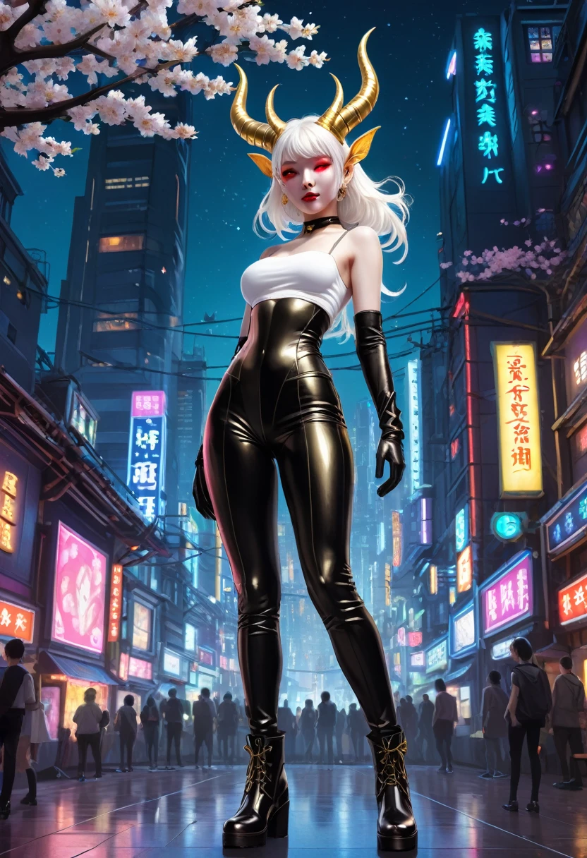 Pinhole photography, Realistic animation, Wide angle effect , Little Golden Horned Succubus Lady、Golden Glowing Succubus Tail （1.3）、Wearing a white mask（1.2）、 golden eyes （1.3），White Hair、Cherry blossoms、White short-sleeved T-shirt、Black leather trousers（1.2）、 put her hands in the coat pocket  ,  black boots , Overlooking the earth , From above,  focus on the face and eyes ,  super detailed,  Line Art ,style,ladder,platform,Astral Body , Multiple roles , Different roles , character design ,Terrifying and bloody, Signs of Death  ,  Very detailed,More details,  Smooth and Smooth Brushstrokes  , Shining neon lights ,City Skyline,Planetarium , dynamic posture,Single focus