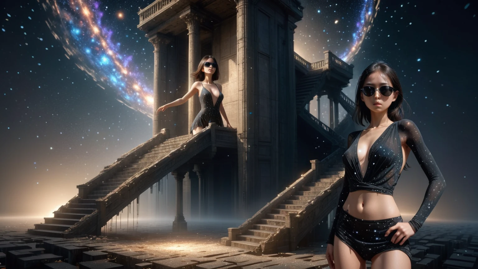 (Wide and low angle view). Ryoji Ikeda Style, High quality 3d background in matrix style, lost memory fantasy scene, open-air staircase is collapsing with surreal galaxy in the dark background. A woman, (wearing a transparent:0.8 ivory flowing stunning sleeveless sling backless deep-v one-piece short:0.1 loose princess dress), in dark background. (1girl, solo, alone), photorealistic, large-breast:1.4 slim:0.5 body, (detailed oval:0.4 face, strong light on face), side boob, cleavage:1.1, white laced G-string micro panty, (black micro sunglasses), (((aiming the viewer with a short:0.5 gun))), (looking at camera), dynamic hip-up running pose, ((half-body thigh level close-up:1.9 shot)) in the foreground, cinematic lighting, ray tracing, dark background.