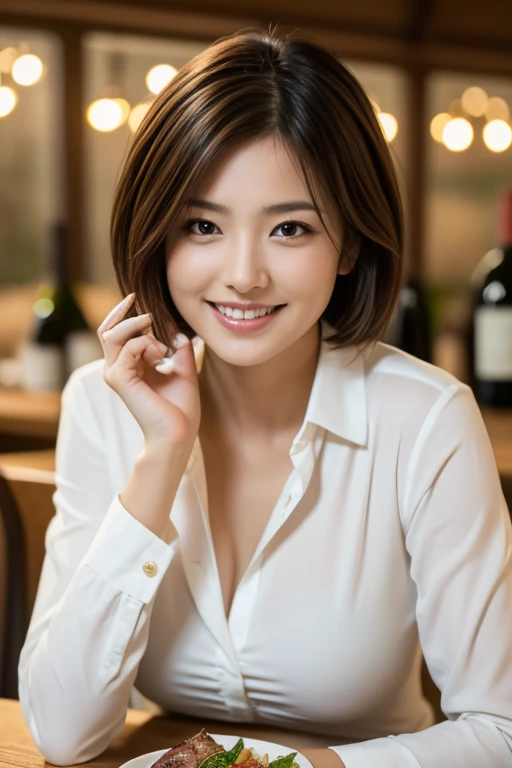 (8k, RAW photo, photorealistic, HQ, masterpiece), a cute Japanese woman, (glowing eyes), 
(bright smile), short hair, (Long sleeve shirt), medium breasts,  
(Stylish and spacious restaurant, wine glasses on the table, Italian food, wine bottles), Depth of field rally background, backlighting, 