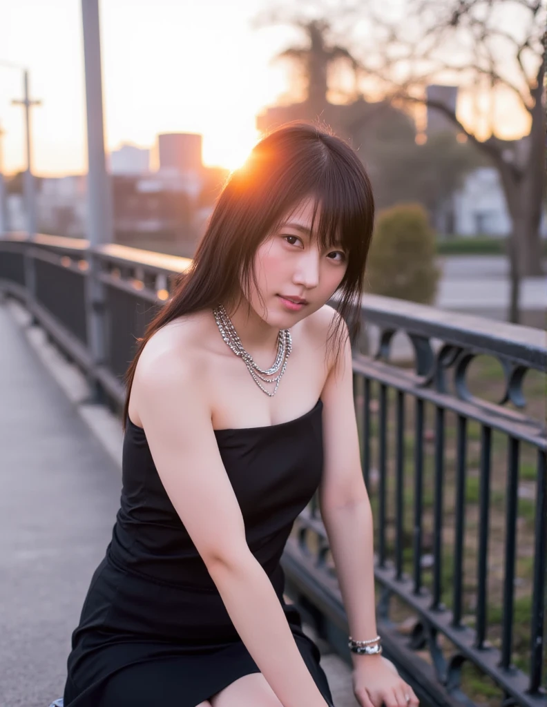 a woman, black tied hair, straight face, staring diagonally up to the right, leaning against a black fence behind her, wearing a black sleeveless dress, silver necklace, sunset cityscape in the background