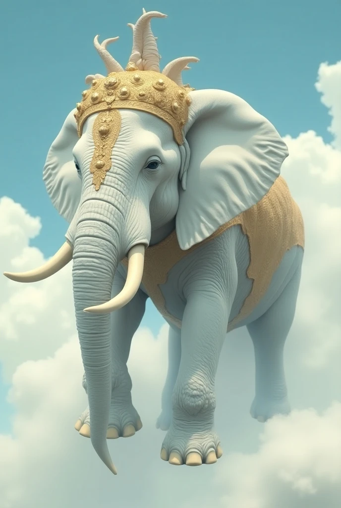 A white, muscular elephant, sitting on a luxury boat, showing off his body and arms and red pants. The figure is adorned with several gold chains and Gucci belts. Nearby is a small, muscular gray elephant with a chain. The background is a calm blue sea and distant mountains under a clear sky. The rails of the boat are designed with gold chains, adding to the chic atmosphere.