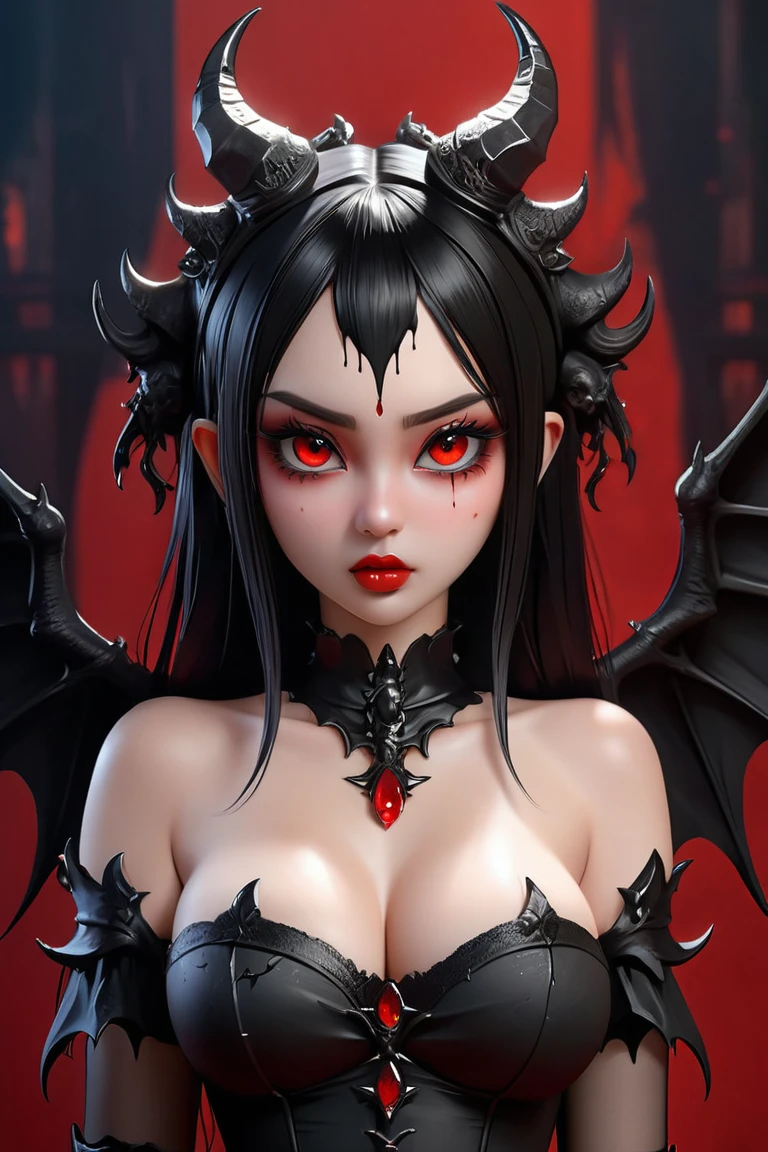 a beautiful young sexy woman, hot sexy cute face, demon with wings, horns on head, black hair, kare hairstyle, red eyes, wet body, dark background, highly detailed face, detailed eyes, detailed lips, long eyelashes, gothic, dark fantasy, dramatic lighting, moody atmosphere, gothic shadow castle, extremely detailed breasts, thin sexy body, slim body,  big ass, sharp teeth fangs, blood dripping from mouth, gothic slim clothes, stockings black, staying in the red water, a very big tits and ass (best quality,4k,8k,highres,masterpiece:1.2),ultra-detailed,(realistic,photorealistic,photo-realistic:1.37)