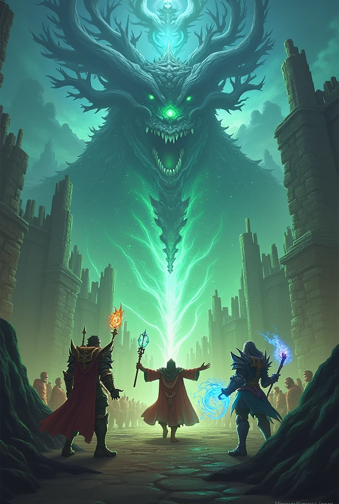 an gigantic ancient demon with 4 arms and bone wings is barely visible inside the twilight, he is absorbing souls to his shining green scary lamp at and medieval village, dark atmosphere, scared people are running from him while he destroys the village at bottom