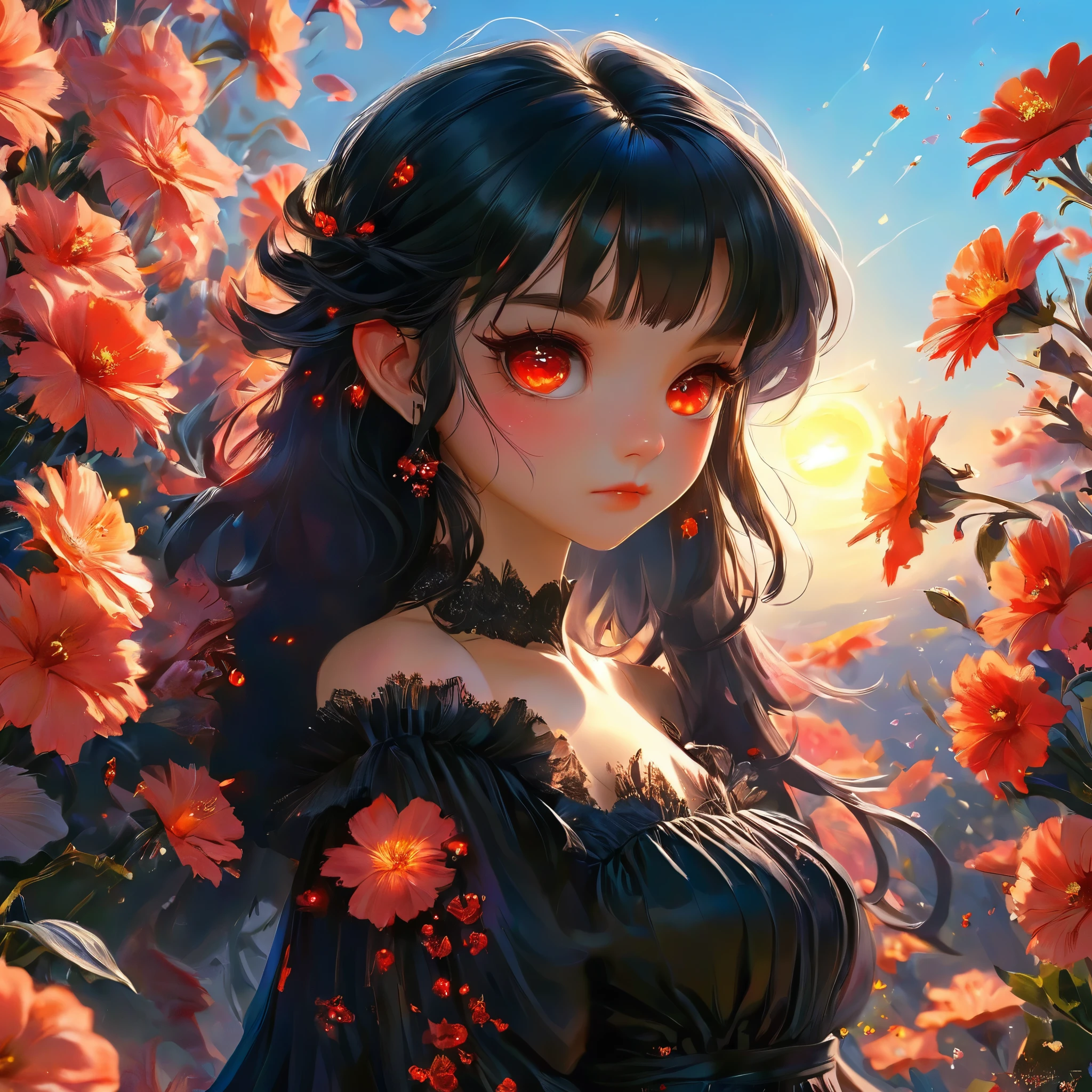 realistic, 1girl, black hair, red eyes, glowing eyes, black dress, blush, night, flowers, sun, sunlight,