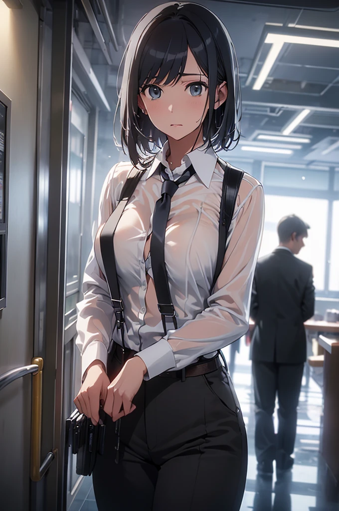  Woman in a Suit , belt, Hands on back,  is sweating,  suspenders,  black pants ,  big breasts at the temple, see-through clothing, rain, Detective,  office worker ,  white button up shirt, ( best quality,4K,8k, high definition,masterpiece:1.2),Ultra-detailed,(Realistic,photoRealistic,photo-Realistic:1.37), Hyper Details ,High definition face and body, slender　thin　 suspenders　 medium chest　 see-through shirt 　Nipples　　Lock　pistol　Armament　Criminal　Female Criminal　knife 　 Hands on back　Constraints 程よい胸 黒いマスク
