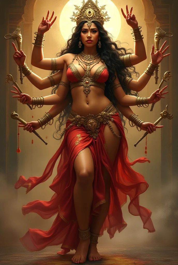 1 demoness, green skinned, detailed face, beautiful eyes, intoxicating gaze, long flowing hair, four arms, smiling expression, crescent moon on forehead, curvy figure, big breasts, perspiring slightly, seated on corpse throne, wearing red garments and jewelry, holding skull in left hand and sword in right hand, acrylic on canvas, baroque style, inspired by Indian mythology, (best quality,4k,8k,highres,masterpiece:1.2),ultra-detailed,(realistic,photorealistic,photo-realistic:1.37),highly detailed description, by Peter Paul Rubens