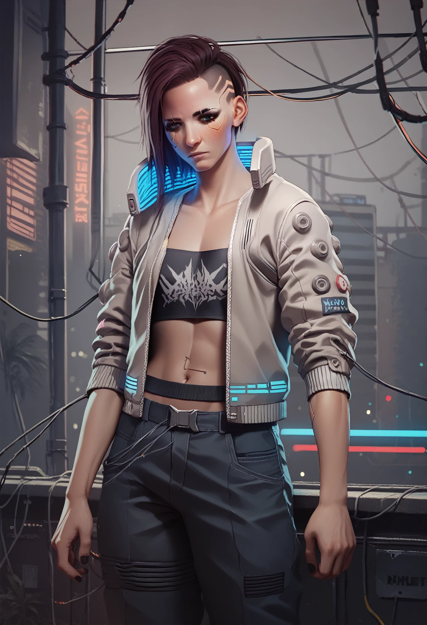 JudyCyber, 1girl, solo, tattoo, realistic, arm tattoo, tank top, multicolored hair, cyberpunk, lips, asymmetrical hair, black hair, looking at viewer, breasts, freckles, small breasts, nose, short hair, green hair, upper body, science fiction, shoulder tattoo
masterpiece, best quality,
<lora:epi_noiseoffset2:1>, <lora:add_detail:0.7>, <lora:JudyCyber:0.7>