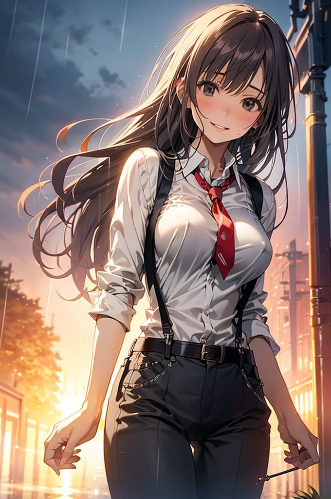  Woman in a Suit , belt, Hands on back,  is sweating,  suspenders,  black pants ,  big breasts at the temple, see-through clothing, rain, Detective,  office worker ,  white button up shirt, ( best quality,4K,8k, high definition,masterpiece:1.2),Ultra-detailed,(Realistic,photoRealistic,photo-Realistic:1.37), Hyper Details ,High definition face and body, slender　thin　 suspenders　 medium chest　 see-through shirt 　Nipples　　Lock　pistol　Armament　Criminal　Female Criminal　knife 　 Hands on back　Constraints 程よい胸 黒いマスク
