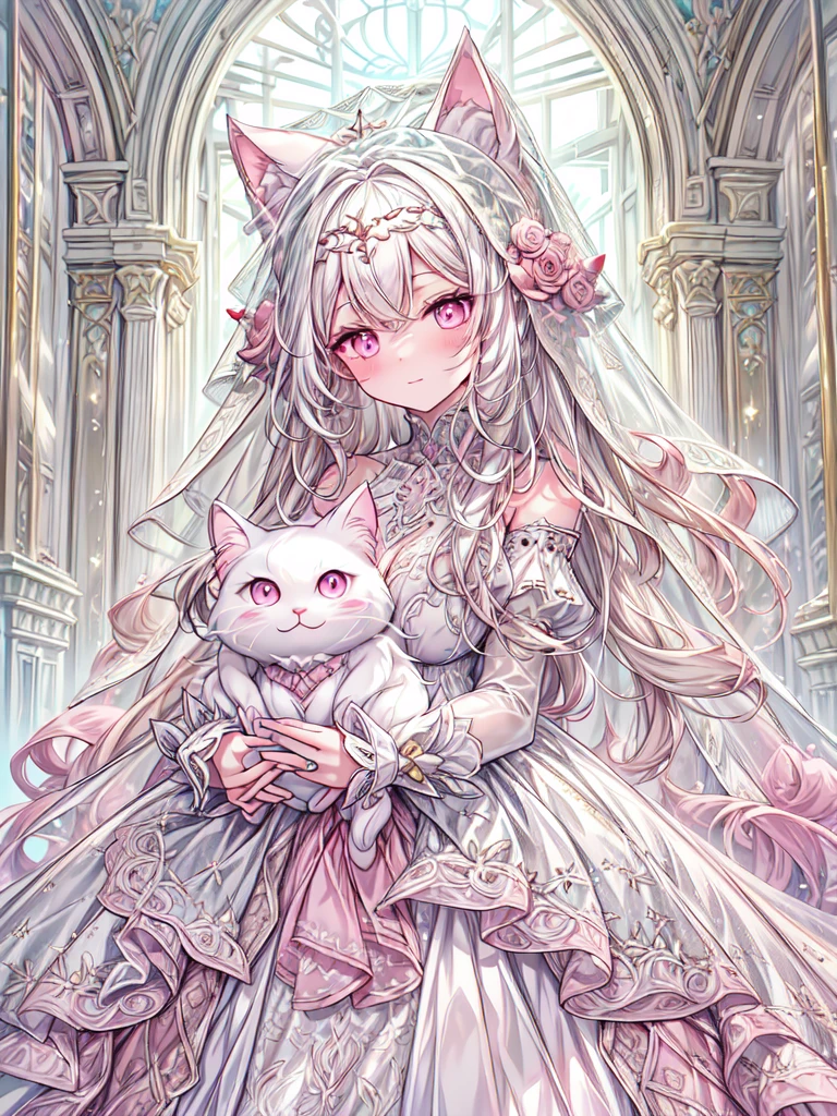 full dress shot, shot from above, full-body illustration, (((full body, depicts whole body, full body portrait, whole body))), portrait, 1girl, solo, beautiful gorgeous captivating cute adorable princess, (white_cat_ears:1.5), looking at viewer, cute blush, (blushing:1.5), heavy blush, (pink eyes:1.5) , (((hyper detail delicate beautiful eyes , big eyes, clear eyes, extremely detailed))), (soft thin lines:1.2, beautiful, delicate and pretty face, young face, smiling), ((large amount of straight hair, extremely voluminous very long hair, absolutely long straight hair)), (white hair:1.5), (long bridal veil:1.5), (face veil:1.5), frilly collar, skin dentation, pale skin, slim, (extremely gigantic large breasts:1.5), breasts cleavage, breasts focus, (((extremely detailed hands, delicate hands, beautiful hands, 5-fingers))), (frilly wrist cuffs:1.5), (white and pink ball gown dress:1.5), (((pure white lace and frills, dress with motif of ribbons))), (floor length gown:1.5), (white laced leather corset:1.5), masterpiece, (Full-HD:1.5), (highres:1.5), (absurdres:1.5), (high quality:1.5), (high resolution:1.5), (best image:1.5), (ultra quality:1.5), HDR, 16K, (highly detailed), fantasy scene, dreamy fantasy, fantasy palace background, (standing:1), (glow, god rays, radiant, ethereal, dreamy, heavenly, otherworldly, dream-like, breathtaking, captivating, divine), (depth of field), sharp focus, vibrant lighting