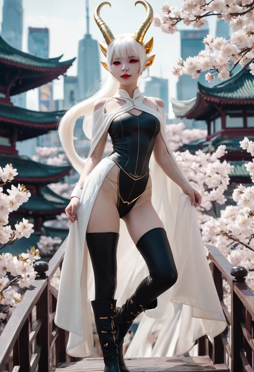 Pinhole photography, Realistic animation, Wide angle effect , Little Golden Horned Succubus Lady、Golden Glowing Succubus Tail （1.3）、Wearing a white mask（1.2）、 golden eyes （1.3），White Hair、Cherry blossoms、White short-sleeved T-shirt、Black leather trousers（1.2）、 put her hands in the coat pocket  ,  black boots , Overlooking the earth , From above,  focus on the face and eyes ,  super detailed,  Line Art ,style,ladder,platform,Astral Body , Multiple roles , Different roles , character design ,Terrifying and bloody, Signs of Death  ,  Very detailed,More details,  Smooth and Smooth Brushstrokes  , Shining neon lights ,City Skyline,Planetarium , dynamic posture,Single focus