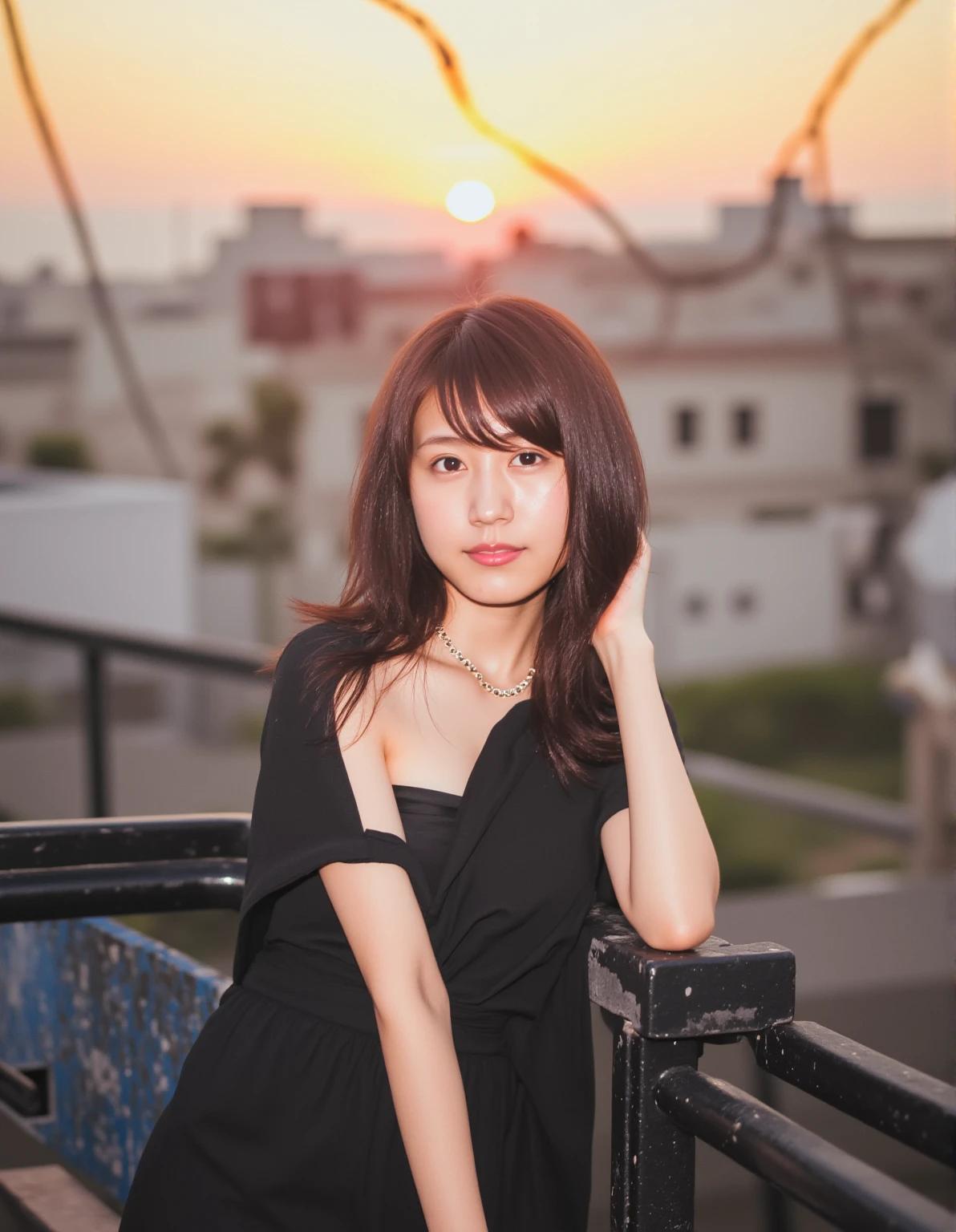 a woman, black tied hair, straight face, staring diagonally up to the right, leaning against a black fence behind her, wearing a black sleeveless dress, silver necklace, sunset cityscape in the background