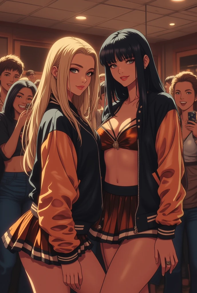 ne0nfant4sy, Masterpiece, stunningly beautiful girl,  two slutty young women with realistic faces, long hair, (one blonde, one raven haired), posing for picture, smiling, two tone shiny satin bomber jackets and matching pleated satin skirts, cheerleader skirt, bikini top, ,  indoors standing in a large fraternity house game room with high ceilings.  Behind them is an all men excited college students made up of all Caucasian males wearing jeans and t-shirts, some of the males are recording the women with their cell phones looking at the viewer, seductive smile, inviting smile, 