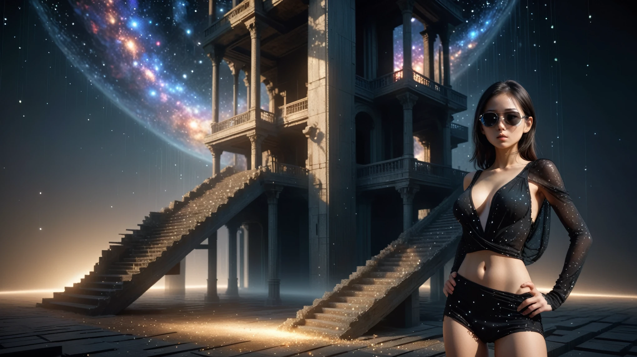 (Wide and low angle view). Ryoji Ikeda Style, High quality 3d background in matrix style, lost memory fantasy scene, open-air staircase is collapsing with surreal galaxy in the dark background. A woman, (wearing a transparent:0.8 ivory flowing stunning sleeveless sling backless deep-v one-piece short:0.1 loose princess dress), in dark background. (1girl, solo, alone), photorealistic, large-breast:1.4 slim:0.5 body, (detailed oval:0.4 face, strong light on face), side boob, cleavage:1.1, white laced G-string micro panty, (black micro sunglasses), (((aiming the viewer with a short:0.5 gun))), (looking at camera), dynamic hip-up running pose, ((half-body thigh level close-up:1.9 shot)) in the foreground, cinematic lighting, ray tracing, dark background.