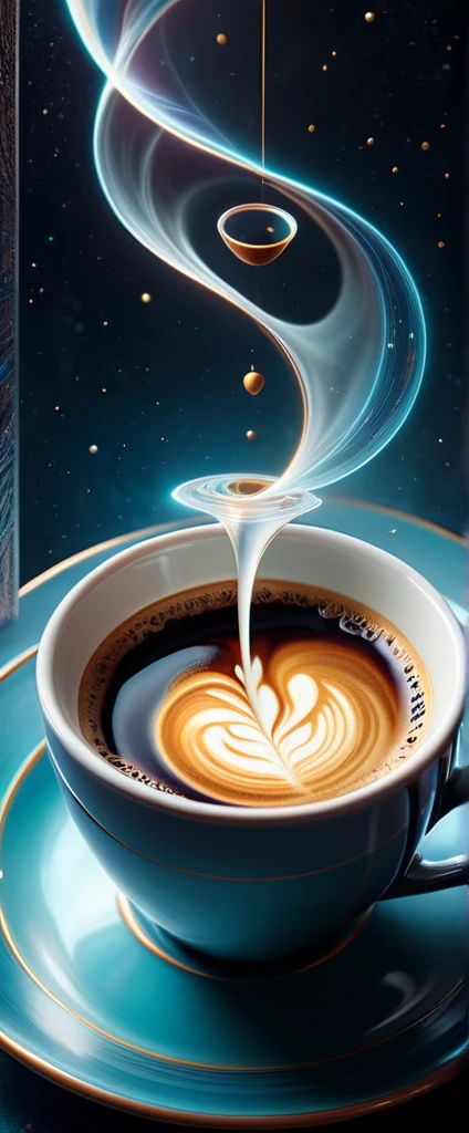 A surreal and abstract image of a coffee concept, where a coffee cup is designed in the shape of an non-Euclidean spiral planes, defying gravity. The coffee inside the cup is swirling in a hypnotic pattern, symbolizing quantum entanglement. The background is ethereal and dreamlike, with soft, pastel colors and subtle geometric shapes that suggest a blend of modern art and science fiction. The overall scene is enigmatic and thought-provoking, merging elements of the ordinary (a coffee cup) with the extraordinary (quantum physics and inverted geometry) studio photo aesthetics, highly detailed, dramatic lighting., neon ambiance, abstract black oil, gear mecha, detailed acrylic, grunge, intricate complexity, rendered in unreal engine, photorealistic.