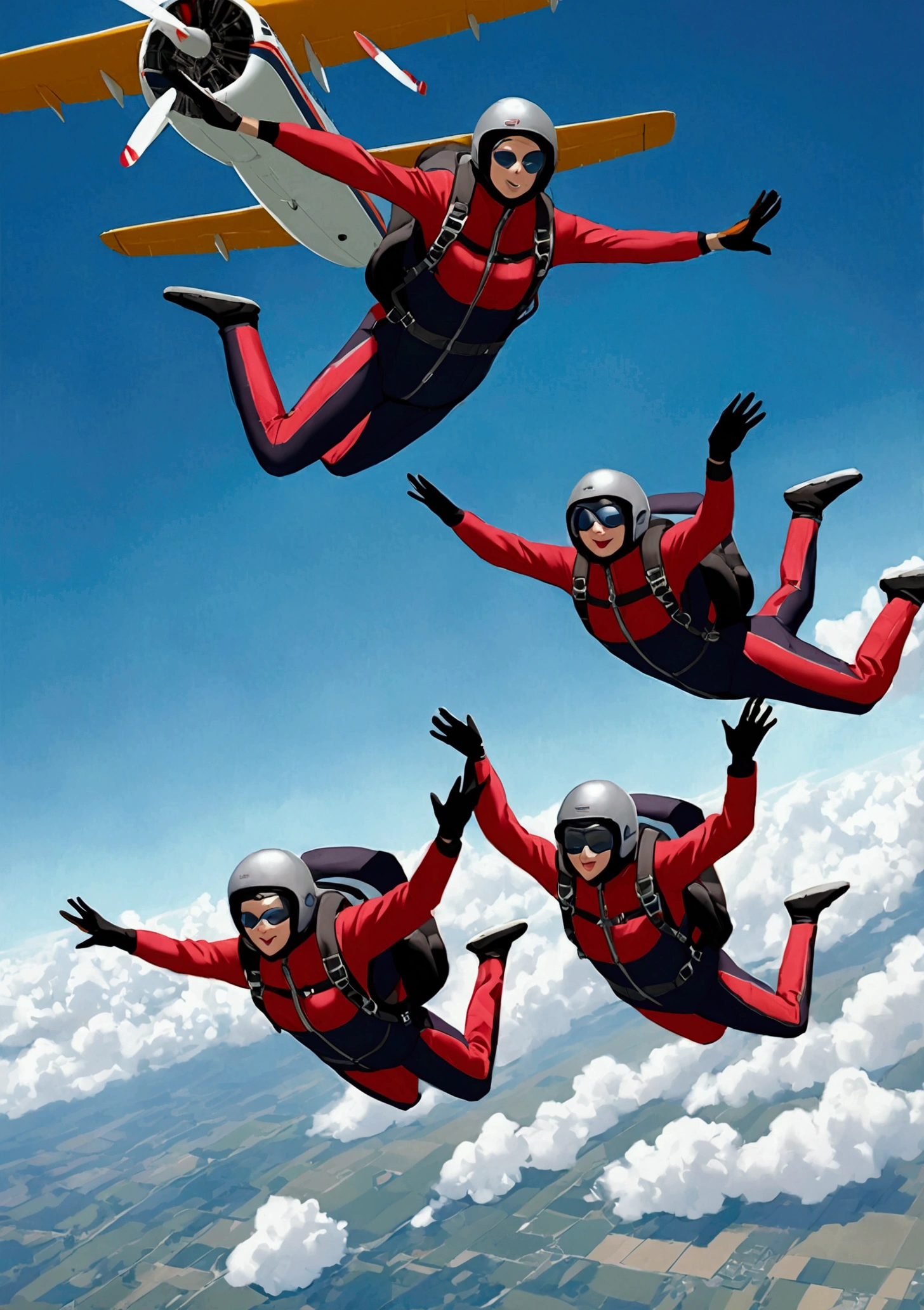 ((skydiving:1.4)), ((2 men jumping from an EC-KTC Airplane, a Dornier G92 twin turbine, in mid-flight:1.5, perfect plane well defined and in mid-flight)), clouds, beautiful sunset, beautiful colors at sunset, a beautiful landscape can be seen below and in the distance, ((men in parachute suits:1.5)), highly detailed, very well defined shadows and lights, ((Best quality)), ((Masterpiece)), (highly detailed:1.3), 3D, beautiful, luminescent particles:1.4, 32k