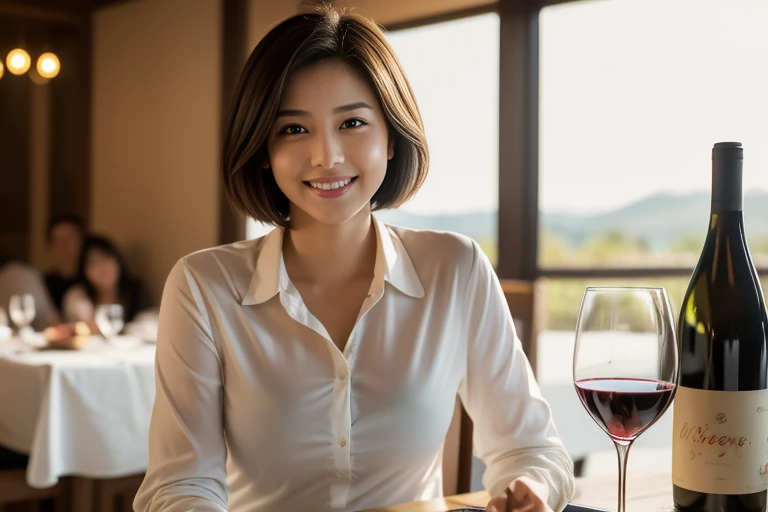 (8k, RAW photo, photorealistic, HQ, masterpiece), a cute Japanese woman, (glowing eyes), 
(bright smile), short hair, (Long sleeve shirt), 
(Stylish and spacious restaurant, wine glasses on the table, Italian food, wine bottles), Depth of field rally background, backlighting, 