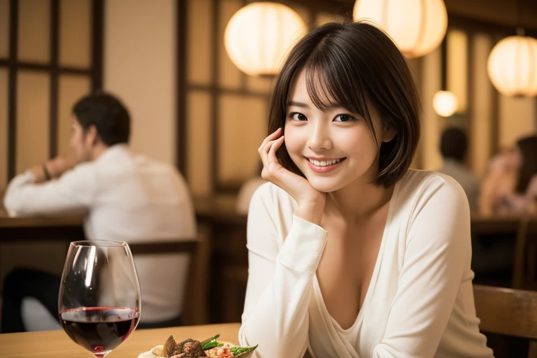 (8k, RAW photo, photorealistic, HQ, masterpiece), a cute Japanese woman, (glowing eyes), 
(bright smile), short hair, (Long sleeve shirt), 
(Stylish and spacious restaurant, wine glasses on the table, Italian food, wine bottles), Depth of field rally background, backlighting, 