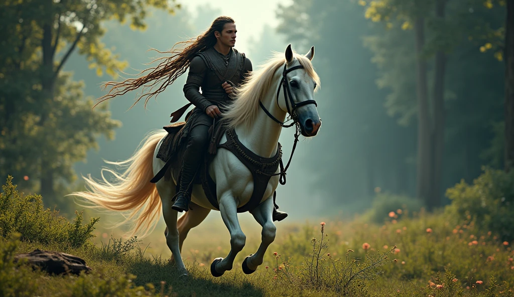 A cherokee warrior with long brown braided hair wearing traditional cherokee black leather clothes, detailed facial features, intense eyes, noble expression, riding a pure white Cherokee horse through the woods, majestic and powerful, detailed texture, dramatic lighting, cinematic composition, epic fantasy landscape, vibrant colors, dramatic shadows, volumetric lighting, highly detailed, masterpiece, 8k, photorealistic