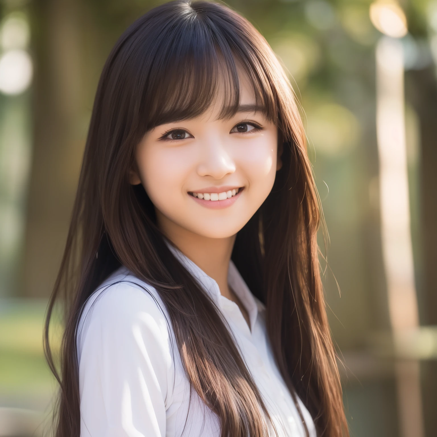 a photograph, best quality, actual, super detailed, finely, high resolution, 8k wallpaper, 1 cute japanese girl,long hair , choppy bangs, ((slender)),((portrait)),smile,