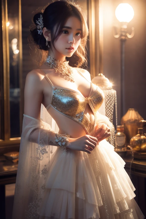 8K, UHD, Masterpiece, extreme quality, 1 girl, good face, detailed eyes, very long hair, detailed lips, small breasts, detailed empress fantasy dress, white fantasy dress, ((glowing dress:1.4)), lace, (bare waist:1.5), flowing sardine, beautiful fantasy, fantasy empress, beautiful alluring Realistic art, shining skin, in the balcony, Realistic shadow, depth of field, ray tracing, god rays, bloom, bokeh effect, navel, sitting,