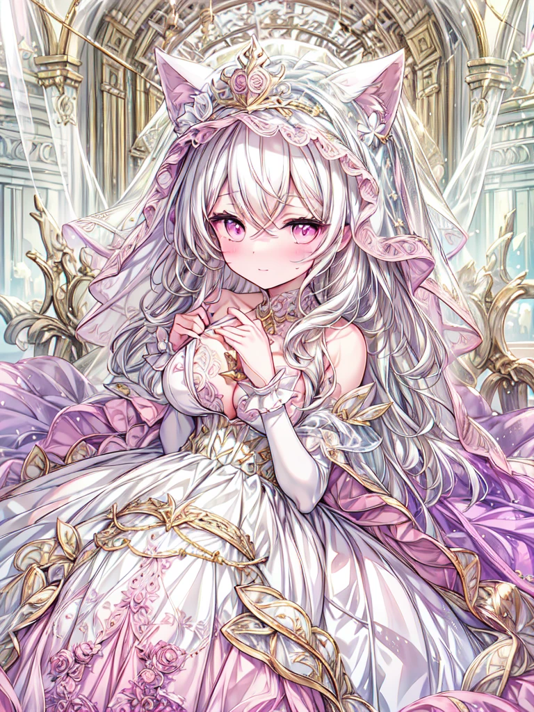 full dress shot, shot from above, full-body illustration, (((full body, depicts whole body, full body portrait, whole body))), portrait, 1girl, solo, beautiful gorgeous captivating cute adorable princess, (white_cat_ears:1.5), looking at viewer, cute blush, (blushing:1.5), heavy blush, (pink eyes:1.5) , (((hyper detail delicate beautiful eyes , big eyes, clear eyes, extremely detailed))), (soft thin lines:1.2, beautiful, delicate and pretty face, young face, smiling), ((large amount of straight hair, extremely voluminous very long hair, absolutely long straight hair)), (white hair:1.5), (long bridal veil:1.5), (face veil:1.5), frilly collar, skin dentation, pale skin, slim, (extremely gigantic large breasts:1.5), breasts cleavage, breasts focus, (((extremely detailed hands, delicate hands, beautiful hands, 5-fingers))), (frilly wrist cuffs:1.5), (white and pink ball gown dress:1.5), (((pure white lace and frills, dress with motif of ribbons))), (floor length gown:1.5), (white laced leather corset:1.5), masterpiece, (Full-HD:1.5), (highres:1.5), (absurdres:1.5), (high quality:1.5), (high resolution:1.5), (best image:1.5), (ultra quality:1.5), HDR, 16K, (highly detailed), fantasy scene, dreamy fantasy, fantasy palace background, (standing:1), (glow, god rays, radiant, ethereal, dreamy, heavenly, otherworldly, dream-like, breathtaking, captivating, divine), (depth of field), sharp focus, vibrant lighting