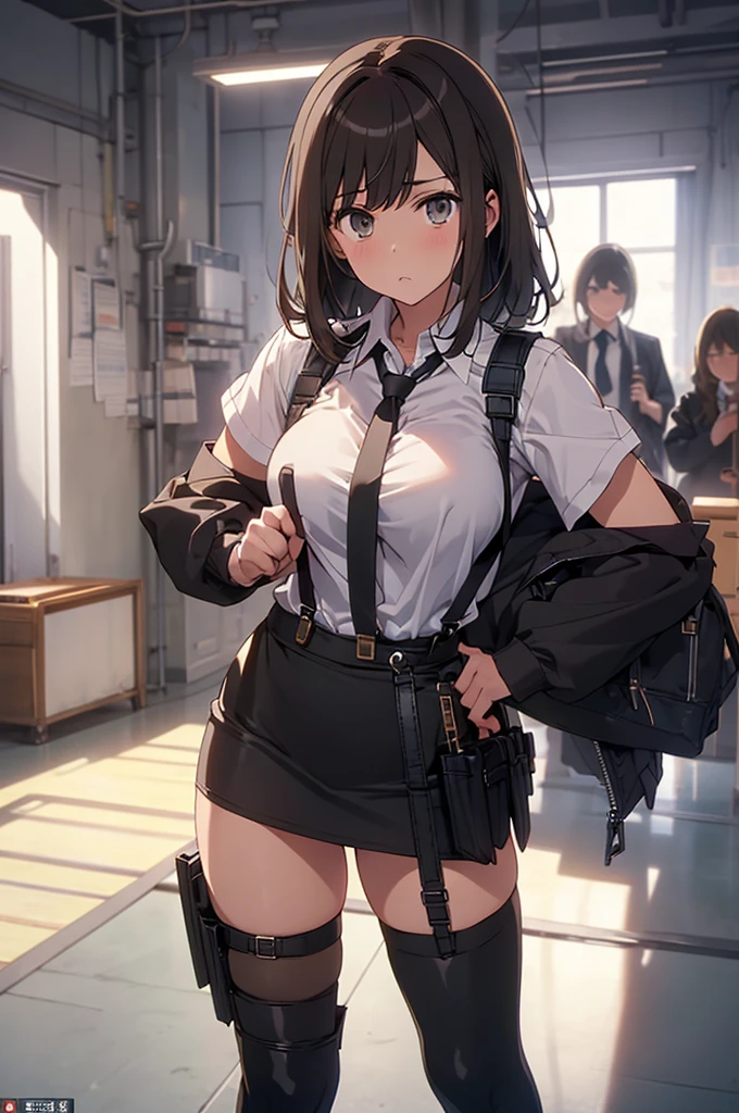 Brown hair、watching at viewers　　　black suspenders　　　Bulging big breasts　　 　 　　　walls: 　Black miniskirt　garters　　　　　　Gaze　　　Small face　bangss 　　　holster　　　Beautuful Women　　hands up　　レッグholster ベッドに横たわる　　Gaze 　black boots panty shot　provocation　flank　flank汗　soio 　arm
