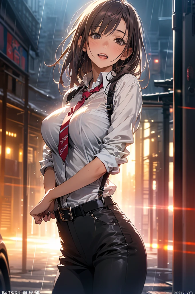  Woman in a Suit , belt, Hands on back,  is sweating,  suspenders,  black pants ,  big breasts at the temple, see-through clothing, rain, Detective,  office worker ,  white button up shirt, ( best quality,4K,8k, high definition,masterpiece:1.2),Ultra-detailed,(Realistic,photoRealistic,photo-Realistic:1.37), Hyper Details ,High definition face and body, slender　thin　 suspenders　 medium chest　 see-through shirt 　Nipples　　Lock　pistol　Armament　Criminal　Female Criminal　knife 　 Hands on back　Constraints 程よい胸 黒いマスク
