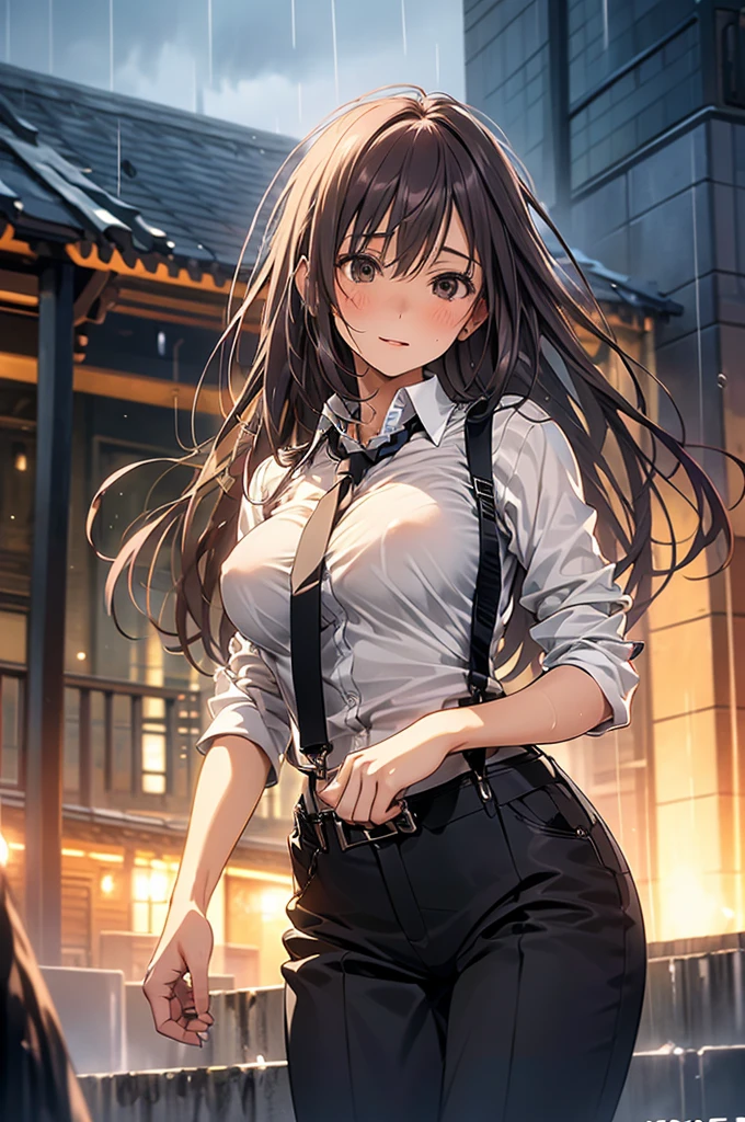  Woman in a Suit , belt, Hands on back,  is sweating,  suspenders,  black pants ,  big breasts at the temple, see-through clothing, rain, Detective,  office worker ,  white button up shirt, ( best quality,4K,8k, high definition,masterpiece:1.2),Ultra-detailed,(Realistic,photoRealistic,photo-Realistic:1.37), Hyper Details ,High definition face and body, slender　thin　 suspenders　 medium chest　 see-through shirt 　Nipples　　Lock　pistol　Armament　Criminal　Female Criminal　knife 　 Hands on back　Constraints 程よい胸 黒いマスク
