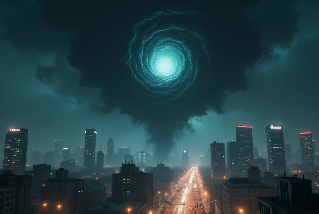 ((masterpiece, highest quality, Highest image quality, High resolution, photorealistic, Raw photo, Extremely detailed CG unified 8k wallpaper)), Dramatic Light, Volumetric Light, Portal to Another Dimension, Night view, a black mist-like substance descends from a huge portal that appears above the city,