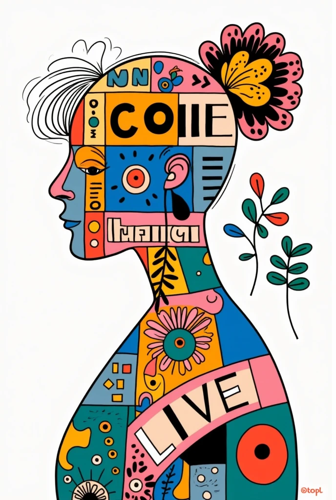 Illustration of a SUBJECT formed by an inspirational word cloud, modern movie poster style, clean design on white background, words organically creating the outline and features of the woman, including: "Live", "Love", "Joy", "", "Empathy", "Strength", "Hope", "Courage", "Dream", "Inspire", "Create", "Grow", "Shine", "Persevere", "Flourish", "Empower", "Nurture", "Evolve", "Thrive", "Harmony" bibliograffiti, block typography seamlessly integrated, bold angles, experimental framing, unusual perspectives, minimalist composition Color palette: soft pastels with pops of vibrant hues - blues, pinks, oranges, teals, with accents of gold gilt Negative space utilized to enhance the silhouette effect