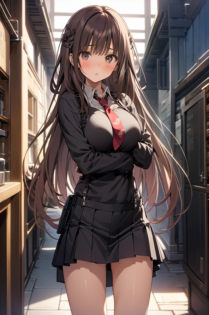 Brown hair、watching at viewers　　　black suspenders　　　Bulging big breasts　　 　 　　　walls: 　Black miniskirt　garters　　　　　　Gaze　　　Small face　bangss 　　　holster　　　Beautuful Women　　hands up　　レッグholster ベッドに横たわる　　Gaze 　black boots panty shot　provocation　flank　flank汗　soio 　arm
