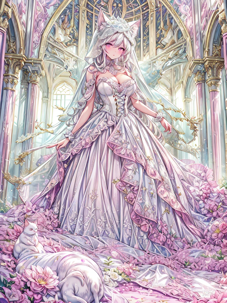 full dress shot, shot from above, full-body illustration, (((full body, depicts whole body, full body portrait, whole body))), portrait, 1girl, solo, beautiful gorgeous captivating cute adorable princess, (white_cat_ears:1.5), looking at viewer, cute blush, (blushing:1.5), heavy blush, (pink eyes:1.5) , (((hyper detail delicate beautiful eyes , big eyes, clear eyes, extremely detailed))), (soft thin lines:1.2, beautiful, delicate and pretty face, young face, smiling), ((large amount of straight hair, extremely voluminous very long hair, absolutely long straight hair)), (white hair:1.5), (long bridal veil:1.5), (face veil:1.5), frilly collar, skin dentation, pale skin, slim, (extremely gigantic large breasts:1.5), breasts cleavage, breasts focus, (((extremely detailed hands, delicate hands, beautiful hands, 5-fingers))), (frilly wrist cuffs:1.5), (white and pink ball gown dress:1.5), (((pure white lace and frills, dress with motif of ribbons))), (floor length gown:1.5), (white laced leather corset:1.5), masterpiece, (Full-HD:1.5), (highres:1.5), (absurdres:1.5), (high quality:1.5), (high resolution:1.5), (best image:1.5), (ultra quality:1.5), HDR, 16K, (highly detailed), fantasy scene, dreamy fantasy, fantasy palace background, (standing:1.5), (glow, god rays, radiant, ethereal, dreamy, heavenly, otherworldly, dream-like, breathtaking, captivating, divine), (depth of field), sharp focus, vibrant lighting