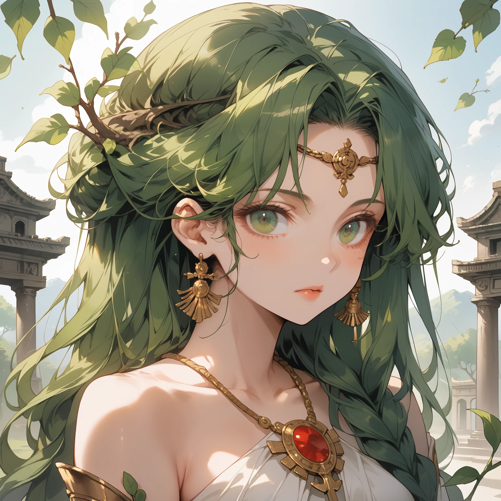 score_9, score_8_up, score_7_up, 2d, anime style, temple background, greek tones, greek god. A dryad woman. majestic figure with long, flowing green hair intertwined with vines and leaves. Her eyes shimmer like emeralds, reflecting the life of the forests she protects. Her skin has a bark-like texture, resembling the ancient trees she embodies. She has a slender and graceful body, symbolizing the beauty and strength of nature