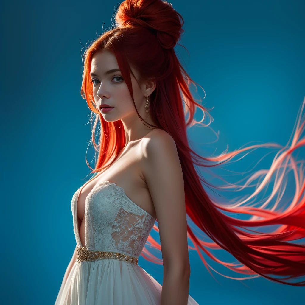 (masterpiece, best quality:1.2), (( 1 girl, Alone)), Irish, slim, 21 years,  beautiful redhead , long red very elegant modern dress, ((Portrait from face and shoulder to hip)), (standing),  simple blue background , masterpiece, HD high quality , 8k ultra-HD, Ultra-HD,