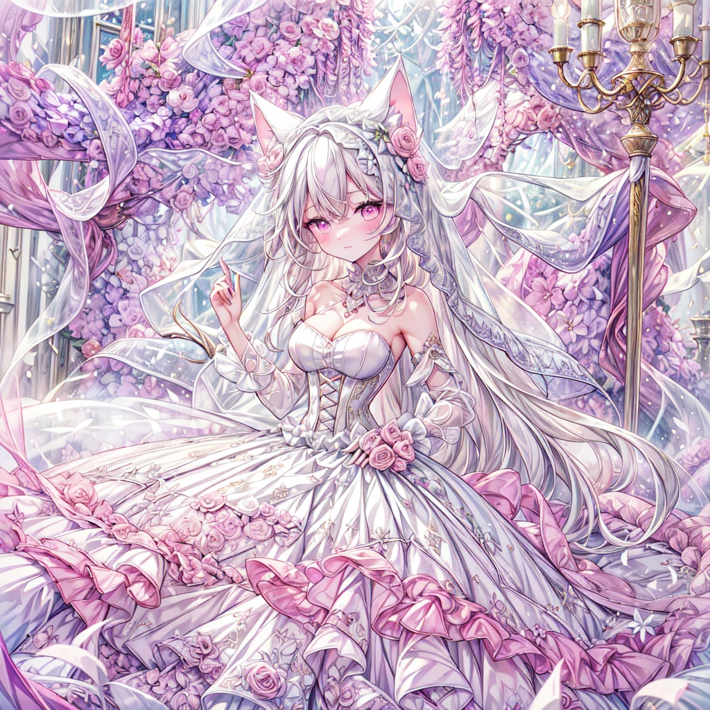 full dress shot, shot from above, full-body illustration, (((full body, depicts whole body, full body portrait, whole body))), portrait, 1girl, solo, beautiful gorgeous captivating cute adorable princess, (white_cat_ears:1.5), looking at viewer, cute blush, (blushing:1.5), heavy blush, (pink eyes:1.5) , (((hyper detail delicate beautiful eyes , big eyes, clear eyes, extremely detailed))), (soft thin lines:1.2, beautiful, delicate and pretty face, young face, smiling), ((large amount of straight hair, extremely voluminous very long hair, absolutely long straight hair)), (white hair:1.5), (long bridal veil:1.5), (face veil:1.5), frilly collar, skin dentation, pale skin, slim, (extremely gigantic large breasts:1.5), breasts cleavage, breasts focus, (((extremely detailed hands, delicate hands, beautiful hands, 5-fingers))), (frilly wrist cuffs:1.5), (white and pink ball gown dress:1.5), (((pure white lace and frills, dress with motif of ribbons))), (floor length gown:1.5), (white laced leather corset:1.5), masterpiece, (Full-HD:1.5), (highres:1.5), (absurdres:1.5), (high quality:1.5), (high resolution:1.5), (best image:1.5), (ultra quality:1.5), HDR, 16K, (highly detailed), fantasy scene, dreamy fantasy, fantasy palace background, (standing:1.5), (glow, god rays, radiant, ethereal, dreamy, heavenly, otherworldly, dream-like, breathtaking, captivating, divine), (depth of field), sharp focus, vibrant lighting