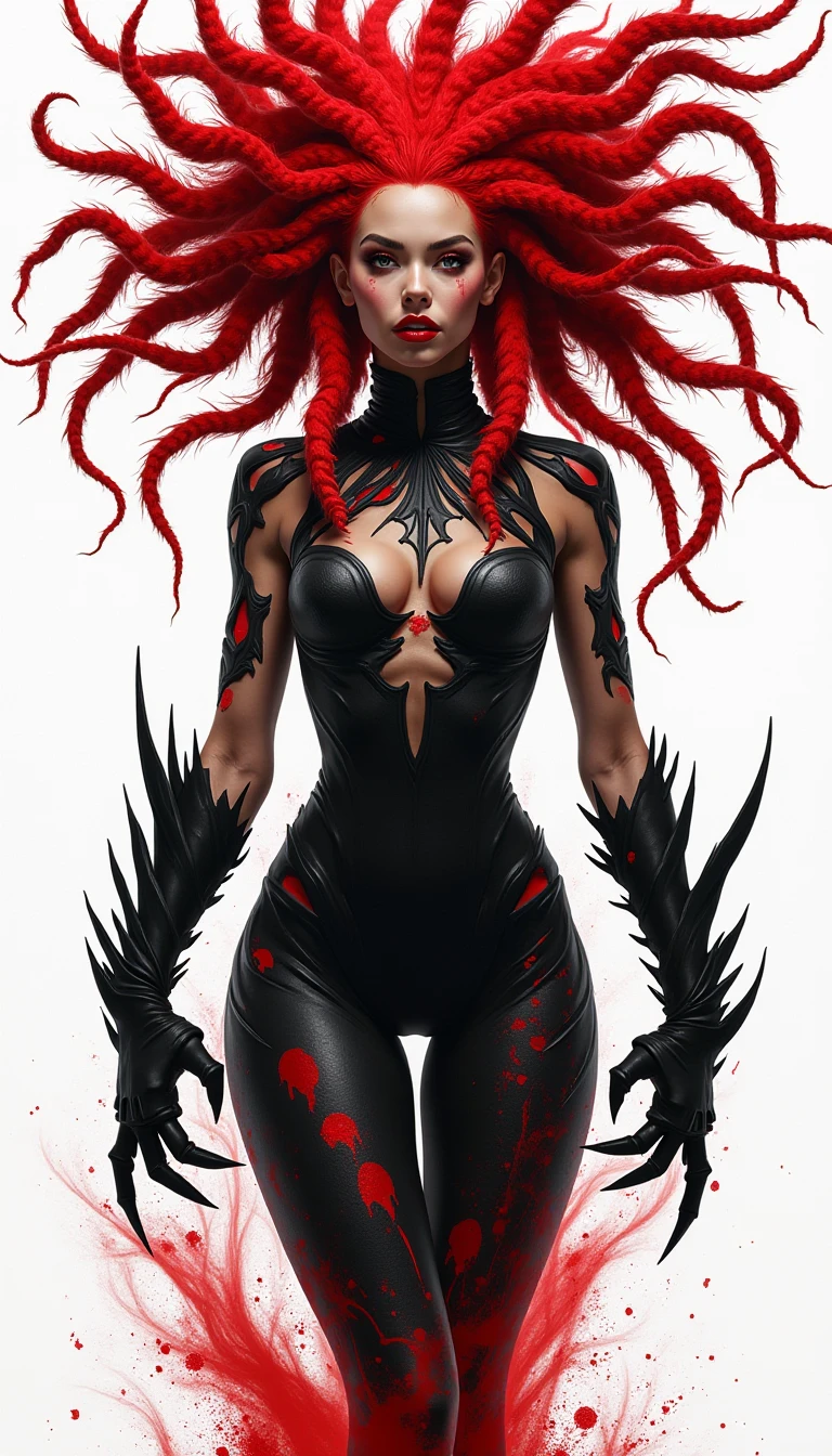 young adult woman,redhead,red hair,dark green eyes,venom,marvel,demon,half elf,scary,gory,(best quality,4k,8k,highres,masterpiece:1.2),ultra-detailed,(realistic,photorealistic,photo-realistic:1.37),fantasy,black and white,dark shadows,sharp contrasts,eerie lighting,evil smile,pale skin,fanged teeth,blood dripping,fierce expression,menacing figure,mystical atmosphere,haunting presence,mysterious background,enchanting forest,twilight setting,ominous glow,spiky black costume,sharp claws,horror aesthetic,gloomy ambiance,fire and smoke,lurking in the shadows,mesmerizing gaze,nightmare-inducing,creepy vibes,terrifying presence,alluring yet dangerous,vivid colors,(carnage:1.5),(beautiful female model:1.5), (demoness with Large horns:1.25),(1 super muscular succubus with flayed skin:1.5), (covered in thick muscle suit:1.5), (exposed perfect anatomy:1.5), high detail, best quality, masterpiece, finely detail, realistic skin texture, 85 mm art lens, f 1.2, sharp focus, 8 k high definition, insanely detailed, intricate,centered ultra-detailed, sensual vampire lurking in the shadows, partial view from shadows, underground dark and mysterious atmosphere fog brick wall in the background ,old magazine cover comic book style blank space for text on left corner,,ominous neon casting shadows,ferocious expression of the vampire,sharp fangs and glowing red eyes, details,vampire wearing tattered clothes, sharp claws protruding from its hands,strong and muscular build of the creature, weathered texture and vintage look of the magazine cover,authentic illustrations capturing the essence of Halloween,stunning contrast between light and darkness,vibrant colors to bring out the eerie feel,ominous color tone adding to the suspenseful atmosphere,horrifying and captivating artwork reminiscent of classic horror films