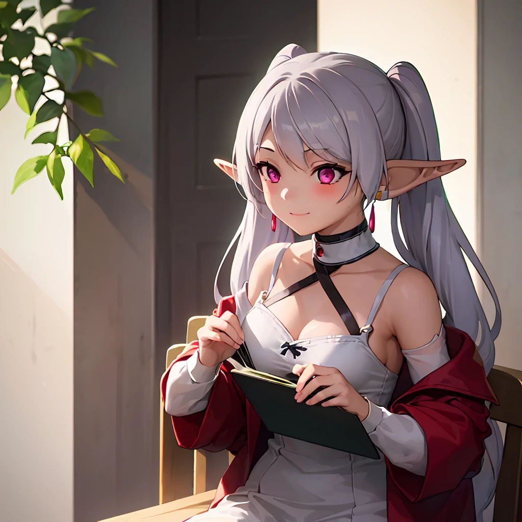  1 girl,  Twin Tails,  very long hair ,  silver hair,  pointed ears, Elf、Small breasts:1.2,Cute white bra、Cute white panties,  earrings for a woman alone,smile、Post