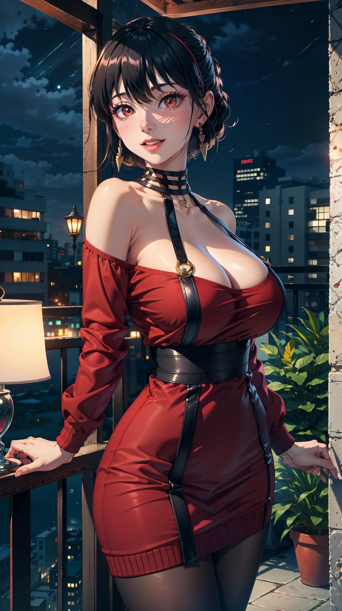 Masterpiece, ultra detail, high quality, 8k cg, blush, bright eyes, standing, outdoors, smile, (night:1.5), slim body, narrow waist, large breast,yor briar, long hair, black hair, red eyes, off shoulder, red sweater dress, pantyhose, earrings