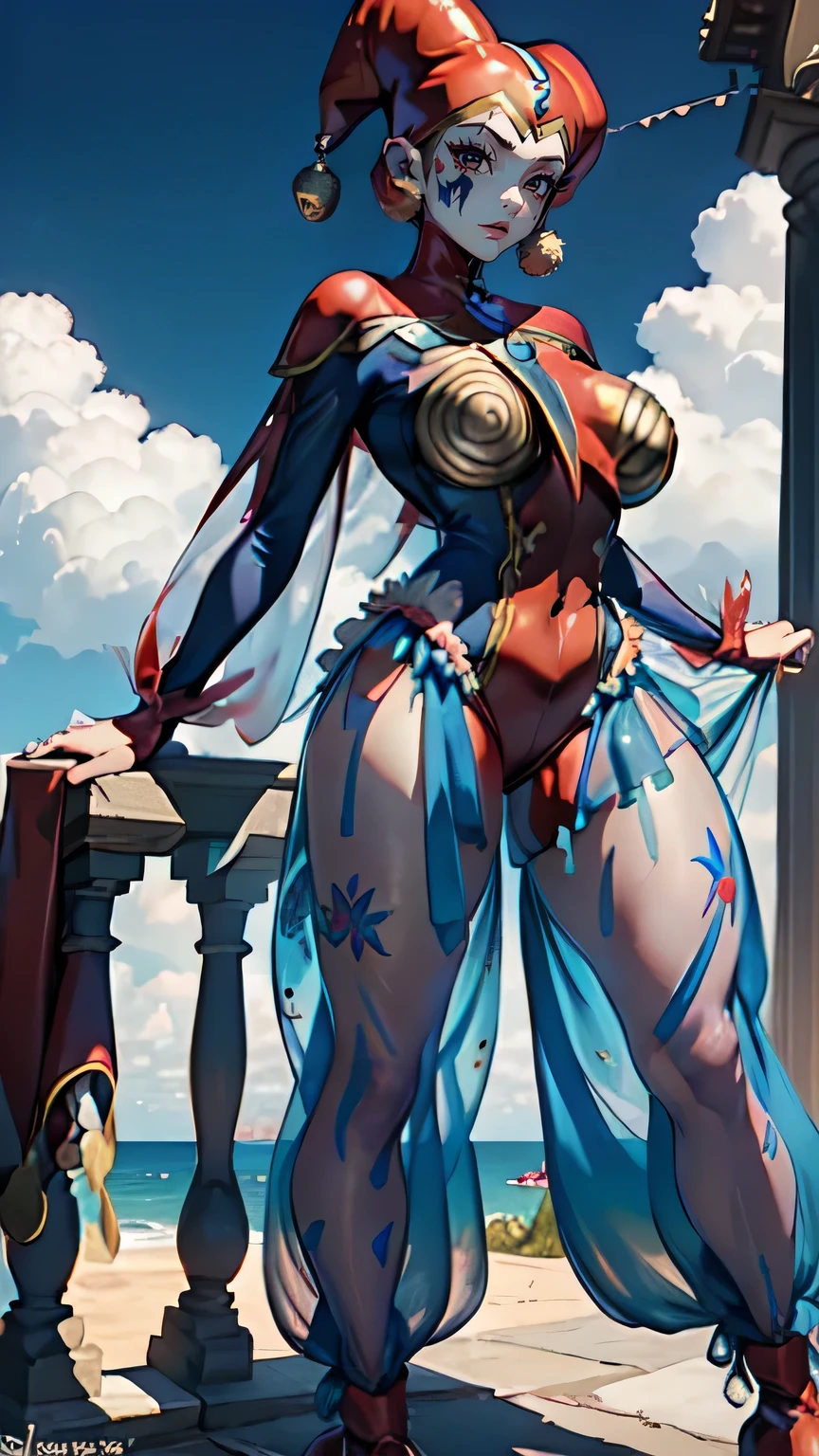 harle_\(chrono_cross\), facepaint, red_leotard, ((blue see-through harem_pants)), jester_cap, pawg, thick thighs, thigh gap, large hips, narrow waist, beautiful woman, curvy, toned body, sexy, 