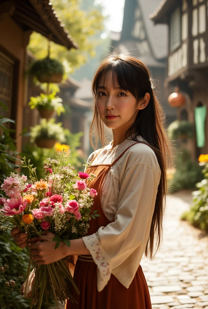 beautiful 30 year old asian woman、Florist、brown hair、red eyes、beautiful eyes、Town Girl's Clothes、waist belt、Florist in Medieval Europe、high resolution、high quality、cinematic lighting、4K quality