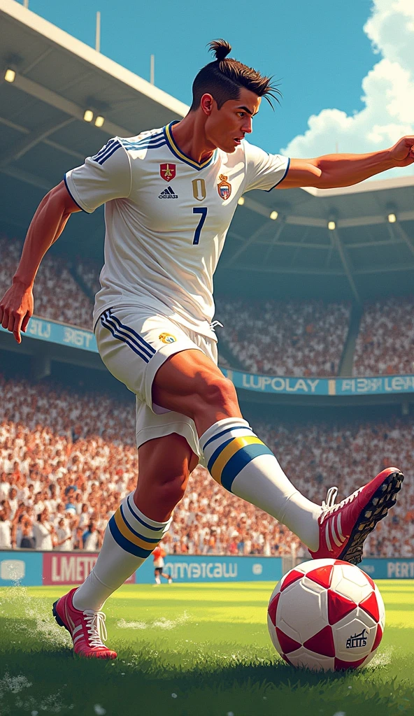 Make a realistic photography picture, an Indonesian man, with a round head, white, handsome, buzz cut hairstyle, jumping while controlling the ball, in a stadium, wearing a Barcelona jersey that says (ABOY) wearing black shoes, a football stadium in the background. crowded with spectators, high light, detailed faces, zoom out, high color