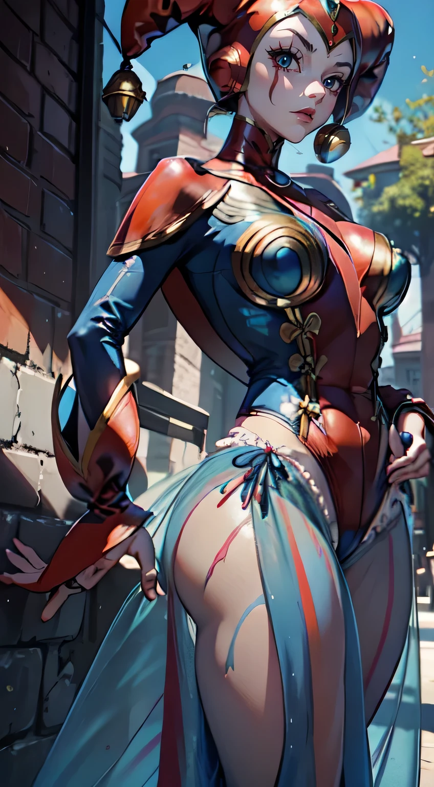 harle_\(chrono_cross\), facepaint, red_leotard, ((blue see-through harem_pants)), jester_cap, pawg, thick thighs, thigh gap, large hips, narrow waist, beautiful woman, curvy, toned body, sexy, 