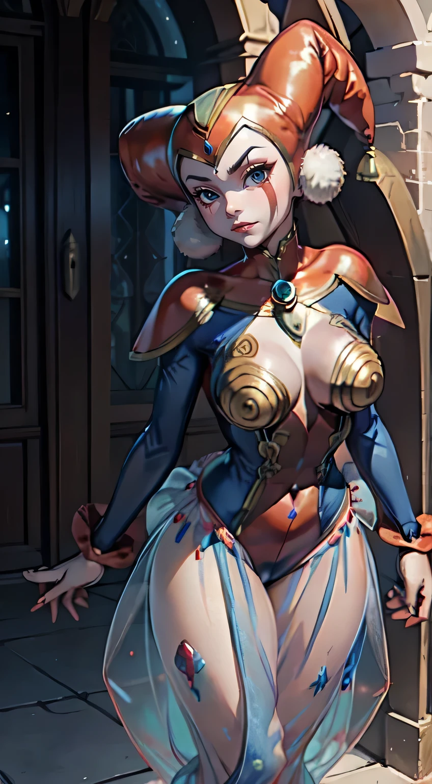 harle_\(chrono_cross\), facepaint, red_leotard, ((blue see-through harem_pants)), jester_cap, pawg, thick thighs, thigh gap, large hips, narrow waist, beautiful woman, curvy, toned body, sexy, 