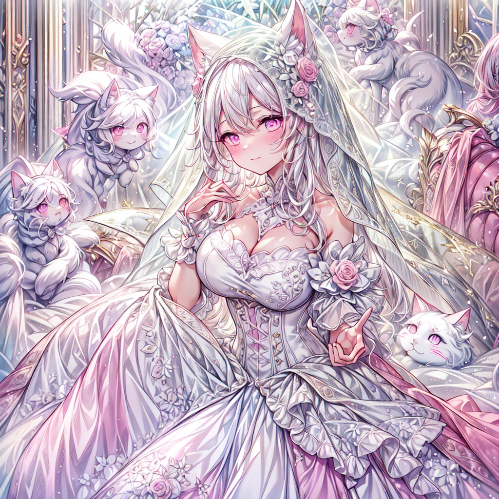 full dress shot, shot from above, full-body illustration, (((full body, depicts whole body, full body portrait, whole body))), portrait, 1girl, solo, beautiful gorgeous captivating cute adorable princess, (white_cat_ears:1.5), looking at viewer, cute blush, (blushing:1.5), heavy blush, (pink eyes:1.5) , (((hyper detail delicate beautiful eyes , big eyes, clear eyes, extremely detailed))), (soft thin lines:1.2, beautiful, delicate and pretty face, young face, smiling), ((large amount of straight hair, extremely voluminous very long hair, absolutely long straight hair)), (white hair:1.5), (long bridal veil:1.5), (face veil:1.5), frilly collar, skin dentation, pale skin, slim, (extremely gigantic large breasts:1.5), breasts cleavage, breasts focus, (((extremely detailed hands, delicate hands, beautiful hands, 5-fingers))), (frilly wrist cuffs:1.5), (white and pink ball gown dress:1.5), (((pure white lace and frills, dress with motif of ribbons))), (floor length gown:1.5), (white laced leather corset:1.5), masterpiece, (Full-HD:1.5), (highres:1.5), (absurdres:1.5), (high quality:1.5), (high resolution:1.5), (best image:1.5), (ultra quality:1.5), HDR, 16K, (highly detailed), fantasy scene, dreamy fantasy, fantasy palace background, (standing:1.5), (glow, god rays, radiant, ethereal, dreamy, heavenly, otherworldly, dream-like, breathtaking, captivating, divine), (depth of field), sharp focus, vibrant lighting
