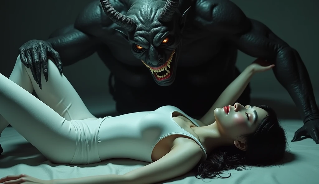 Tentacles creature, brownish skin, small dark and sharp eyes, small head, in a dimly lit barn, sharp and creepy teeths, long tongue, long wide and thick viscous tentacles, no legs and no hands, along a woman, fair skin, black hair, naked, pleasuring the woman with tentacles, intimacy